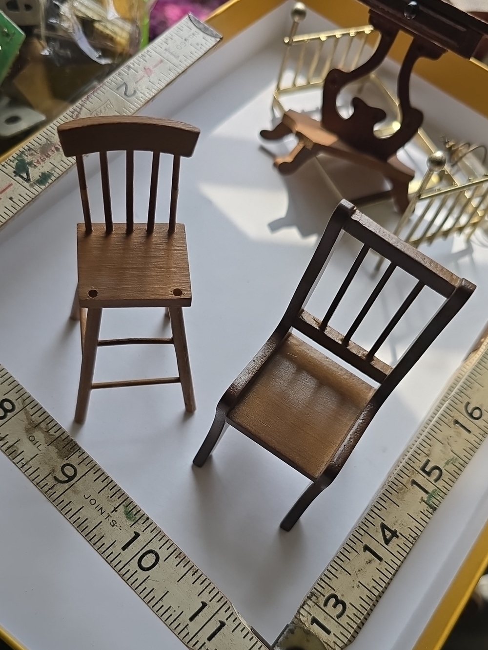 Vintage Miniature Wooden Dollhouse Chairs Set 2 - High Chair + Dining Chair
